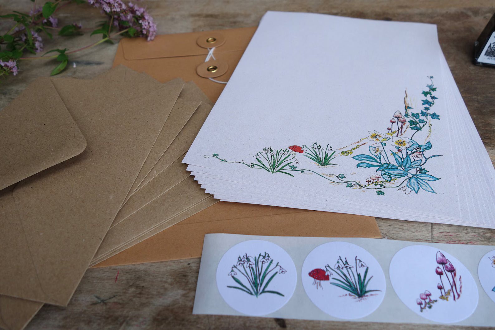 Spring Flowers Stationery Set, Watercolor Woodland Art, Recycled Paper Writing Sheets