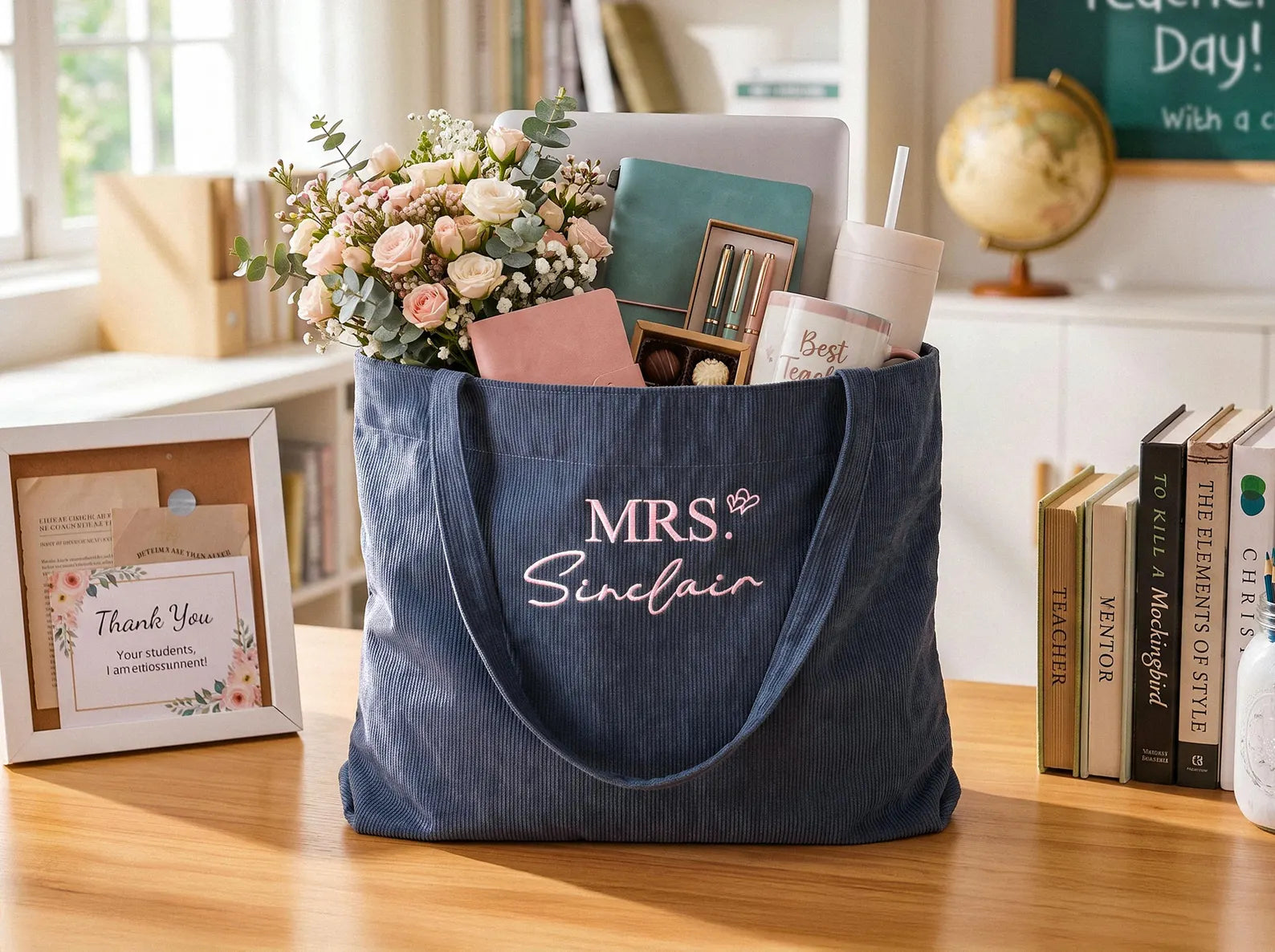 Personalized Embroidered Corduroy Tote,Large Capacity Name Tote Bag, Teacher Appreciation Gift,Bridesmaid Gifts