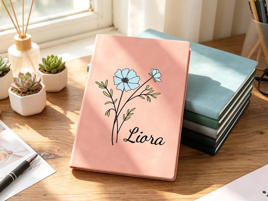 Personalized Leather Birth Flower Journal – Custom Name Notebook with Soft Cover Gift for Women