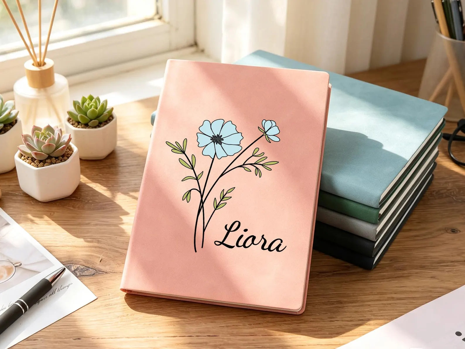 Personalized Leather Birth Flower Journal – Custom Name Notebook with Soft Cover Gift for Women