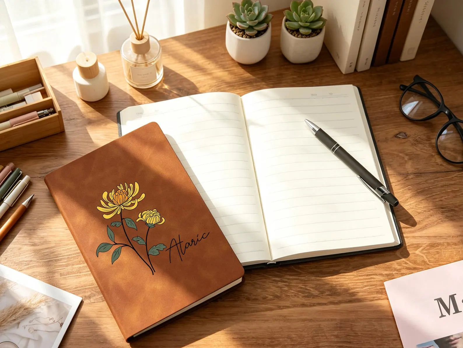 Personalized Leather Birth Flower Journal – Custom Name Notebook with Soft Cover Gift for Women