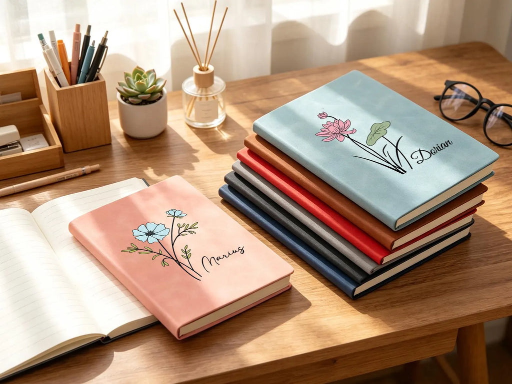 Personalized Leather Birth Flower Journal – Custom Name Notebook with Soft Cover Gift for Women
