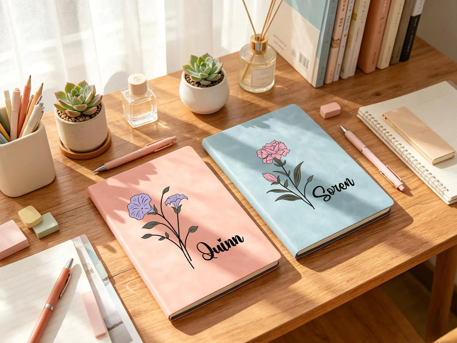 Personalized Leather Birth Flower Journal – Custom Name Notebook with Soft Cover Gift for Women
