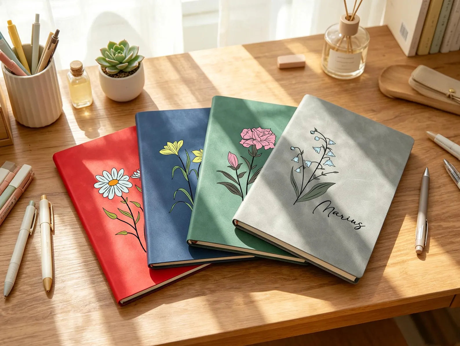 Personalized Leather Birth Flower Journal – Custom Name Notebook with Soft Cover Gift for Women
