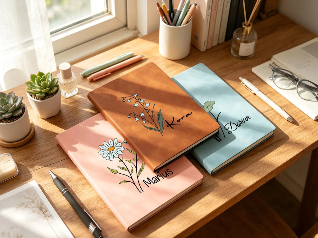 Personalized Leather Birth Flower Journal – Custom Name Notebook with Soft Cover Gift for Women