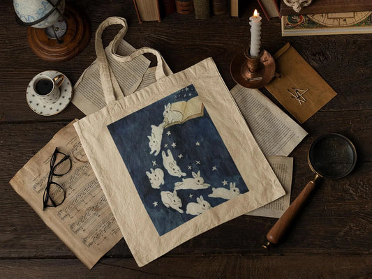Magical Book Bunnies Tote Bag- Cottagecore, Cute Tote Bag, Cute Bunnies, Funny Bunnies, Bunny Core, Bunny Tote Bag, Cute Animal Tote