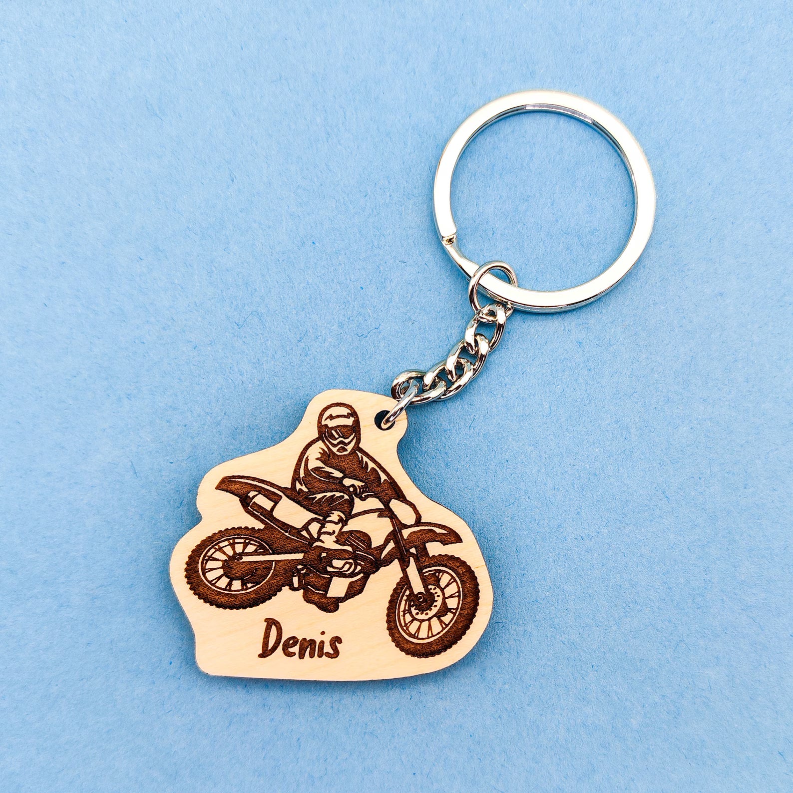 Personalized Motocross Wooden Keyring / Keychain With Custom Name Engraving - Gift for Motocross riders