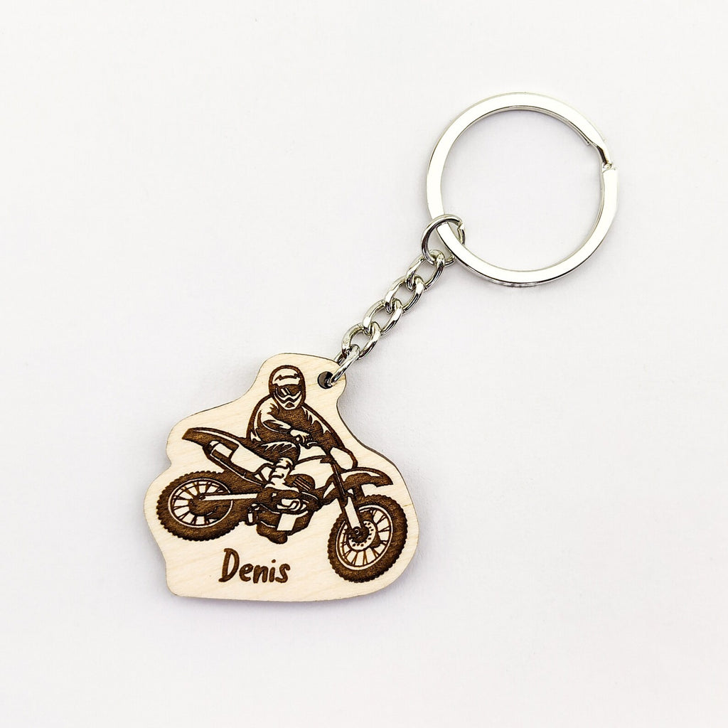 Personalized Motocross Wooden Keyring / Keychain With Custom Name Engraving - Gift for Motocross riders