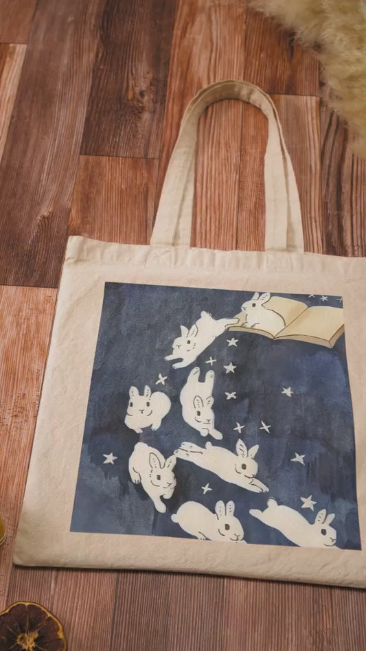 Magical Book Bunnies Tote Bag- Cottagecore, Cute Tote Bag, Cute Bunnies, Funny Bunnies, Bunny Core, Bunny Tote Bag, Cute Animal Tote
